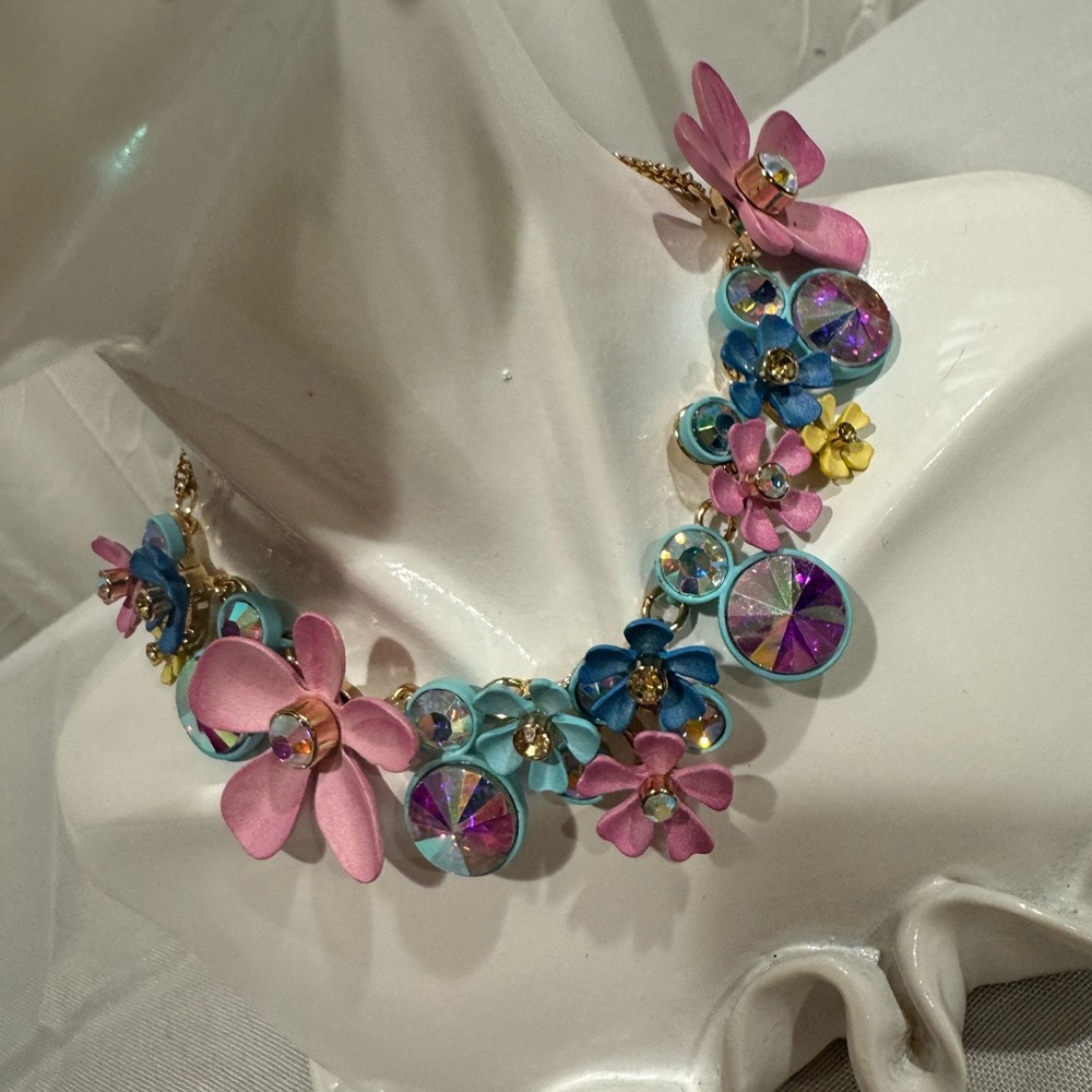 Betsey Johnson Pink Blue Yellow Floral Statement Necklace
